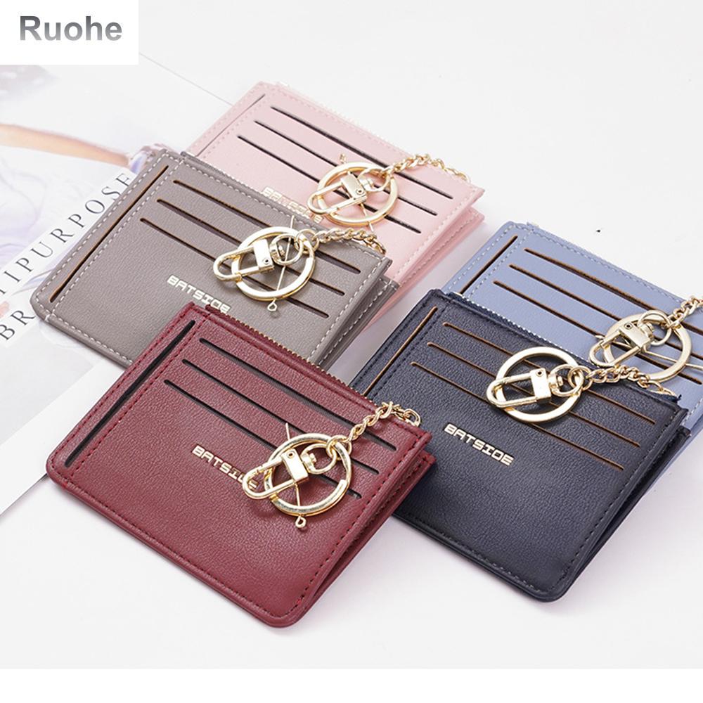RUOHE Korean Soft Leather Zipper Card Holder Women Short Wallet ID Card