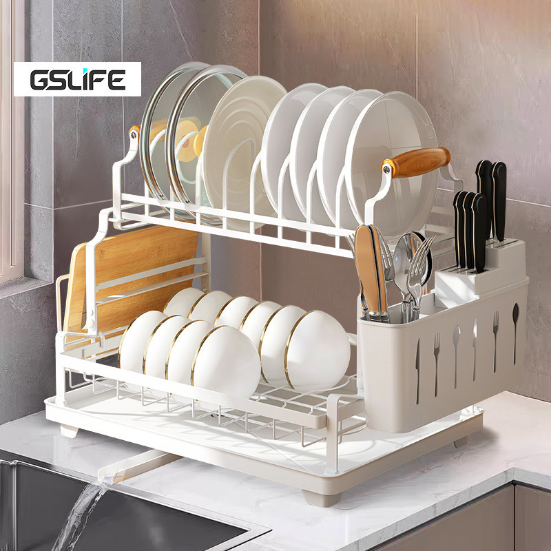 Gslife kệ bát đĩa gấp-kệ để chén đĩa thông minh sơn đen, tay cầm bằng gỗ, có khay hứng nước