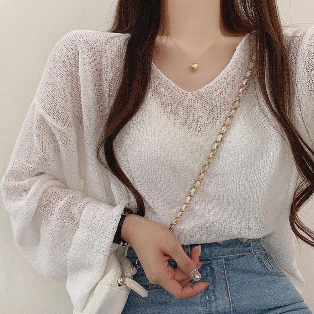 【Ông show】 Áo len cổ chữ V vừa rộng nữ sống động có chi tiết cà vạt Charming