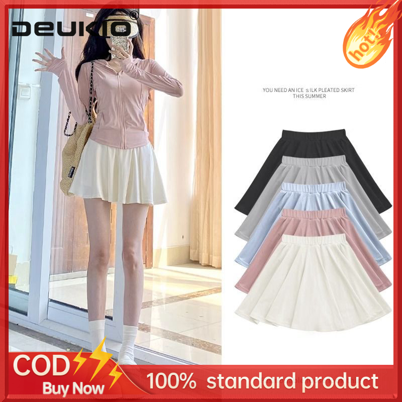 DEUKIO Pleated skirt women's high-waisted thin and versatile ice silk anti-walking skirt