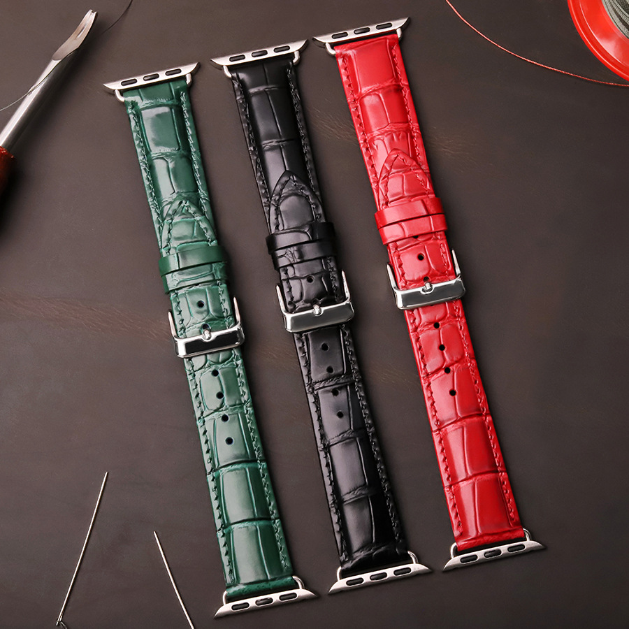 Suitable for AppleWatch Ultra2 Apple Watch S10 Iwatch9/8 Alligator Leather Pattern Green Hand Sewn Strap 44mm Band ราคา 872 บาท*ส่งฟรี