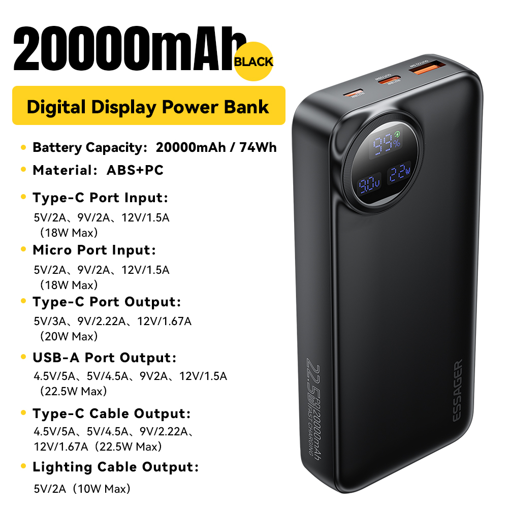 Essager 22.5W sạc dự phòng 20000mAh với hai dây cáp tích hợp đồ sạc di động cho Iphone 15 Pro Max sạ