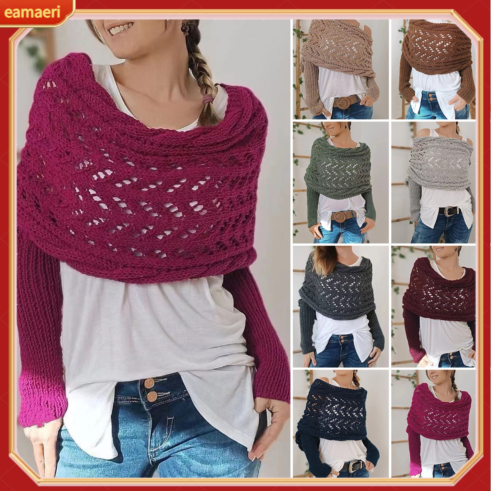 Sleeved Shawl Scarf Solid Color Hollow Twist Women Bohemian Style Wrap Braided Cable Scarf Winter Wear ราคา 466 บาท*ส่งฟรี