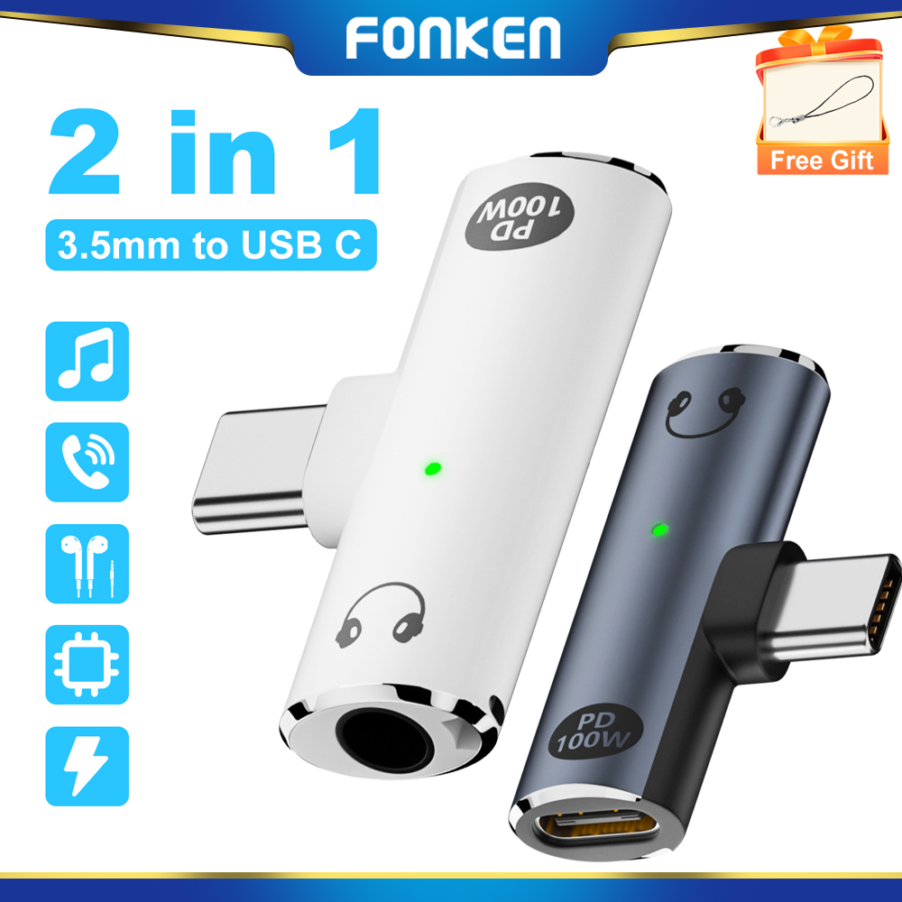 FONKEN 2 in 1 USB C to 3.5mm Audio Adapter Type-C to PD100W Fast Charging Converter For Tablet Mobile Phone ราคา 165 บาท*ส่งฟรี