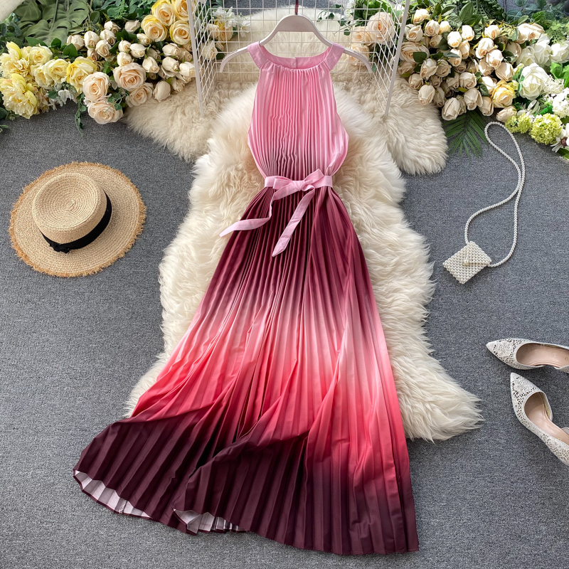 Âu-mỹ Ins Gợi Cảm Dây Quây Cảm Hứng Thiết Kế Thích Hợp Không Thường Xuyên TIE DYE Kiểu Lửng Xếp Li Đầm Nữ Mùa Hè