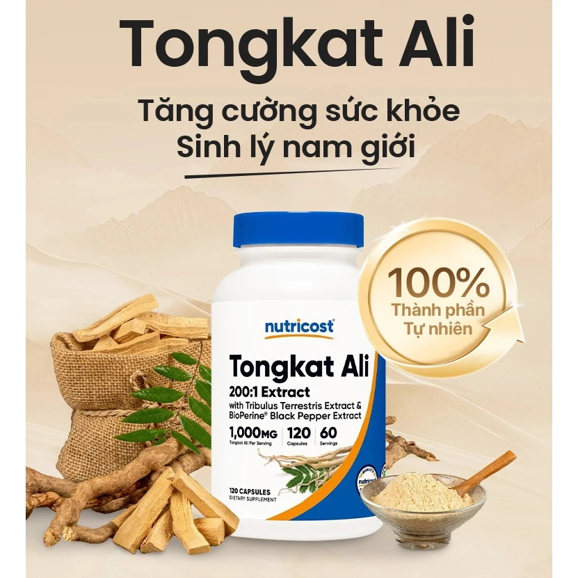 Viên uống Nutricost Tongkat Ali 200:1 (500 MG) 60 viên hỗ trợ tăng cường sinh lý nam, cải thiện sức khỏe - ✓ Hỗ trợ kích thích sản xuất tes/tos/te.rone tự nhiên, cải thiện s / lý nam ✓ Giảm tình trạng rối loạn c/ư.ơ/ng dư.ơ/ng ✓ Hỗ trợ tăng ha/m mu/ốn