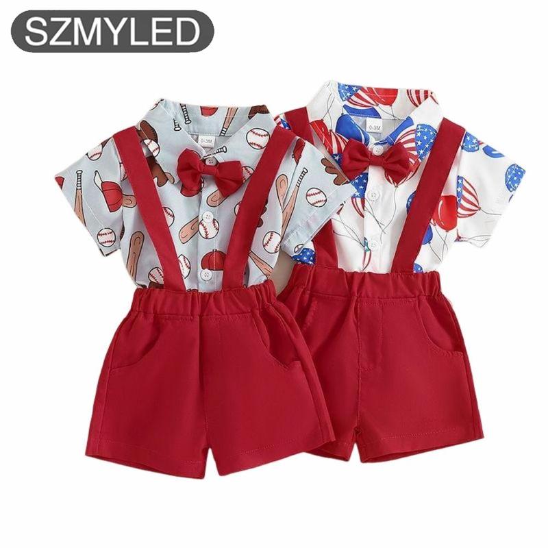 2 Pcs Baby Boys Wedding Outfit Outfit Bib Overalls Shorts Short Sleeve Collared Neck Cartoon Print Jumpsuits Set
