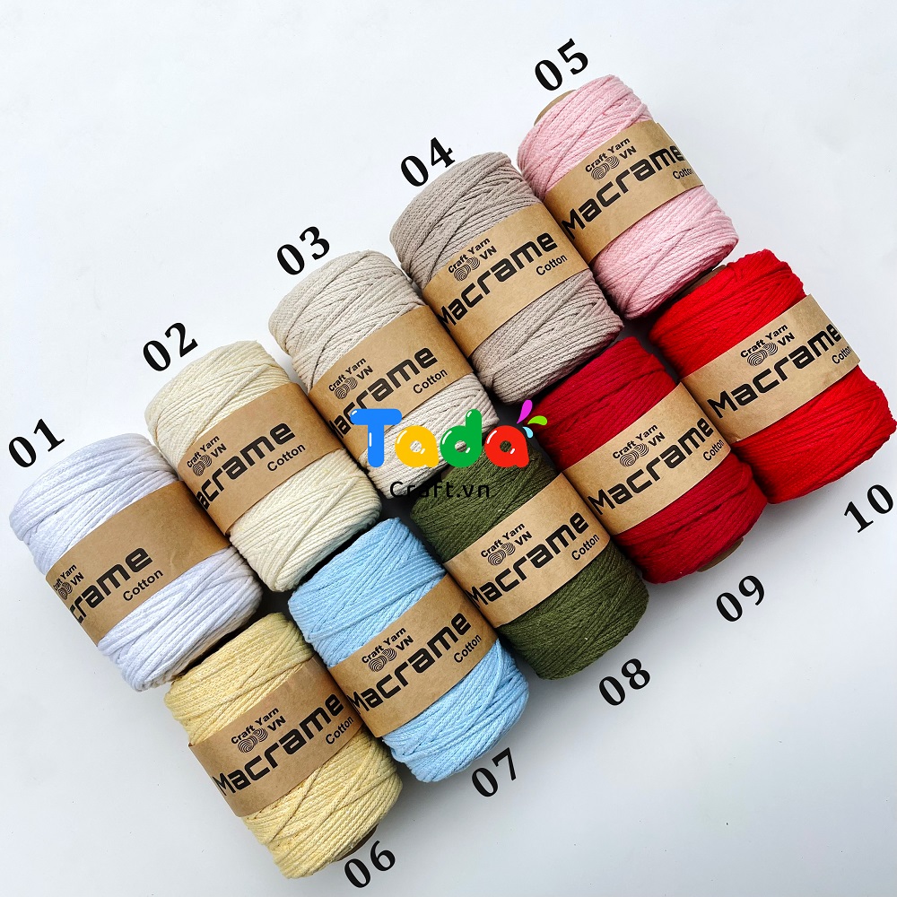 Sợi Macrame Cotton trơn 3mm cuộn 200g Craft Yarn VN