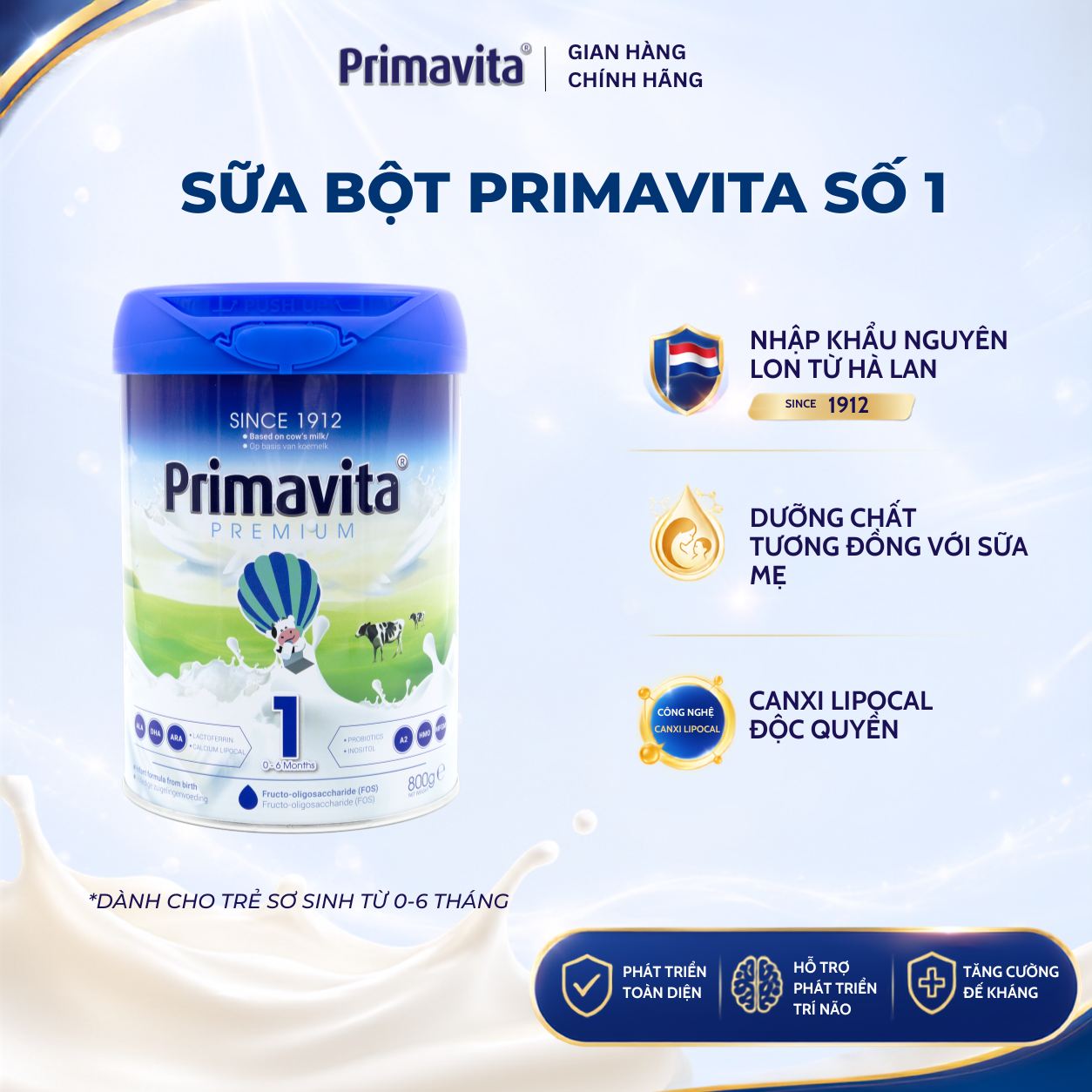 Sữa bột Primavita Premium số 1 với tỷ lệ đạm tương tự sữa mẹ, bổ sung Canxi sinh học giúp trẻ phát triển toàn diện (0-6 tháng tuổi)