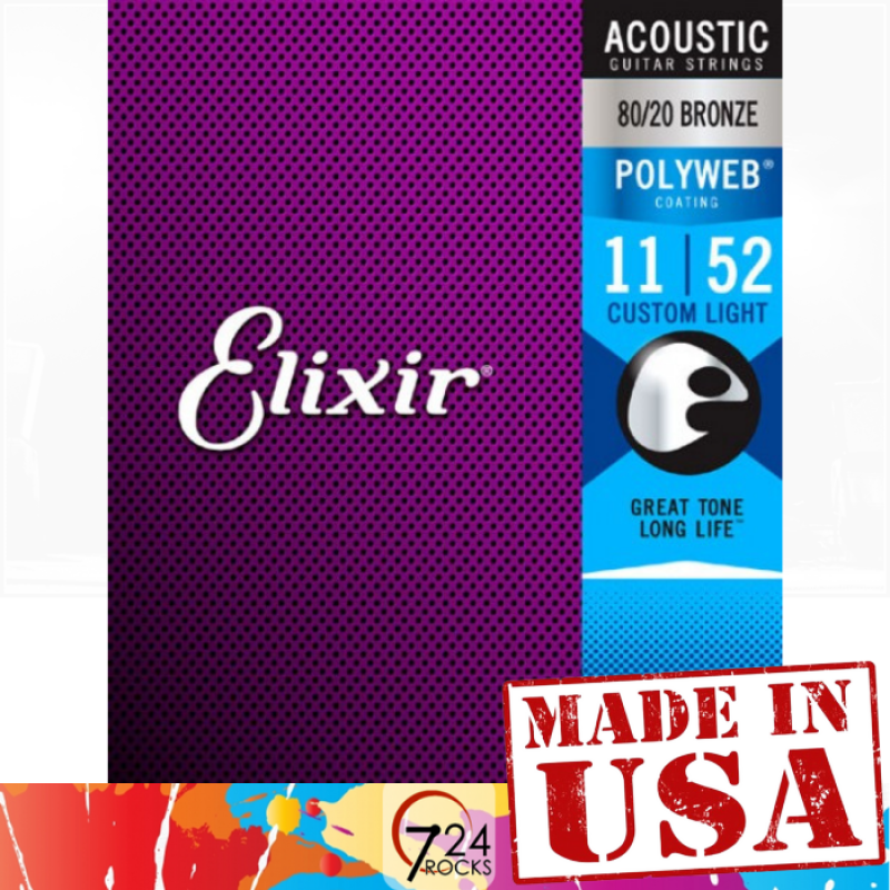 Elixir Strings 11025 Polyweb 80/20 Bronze Acoustic Guitar Strings Gauge 11-52 Custom Light Malaysia