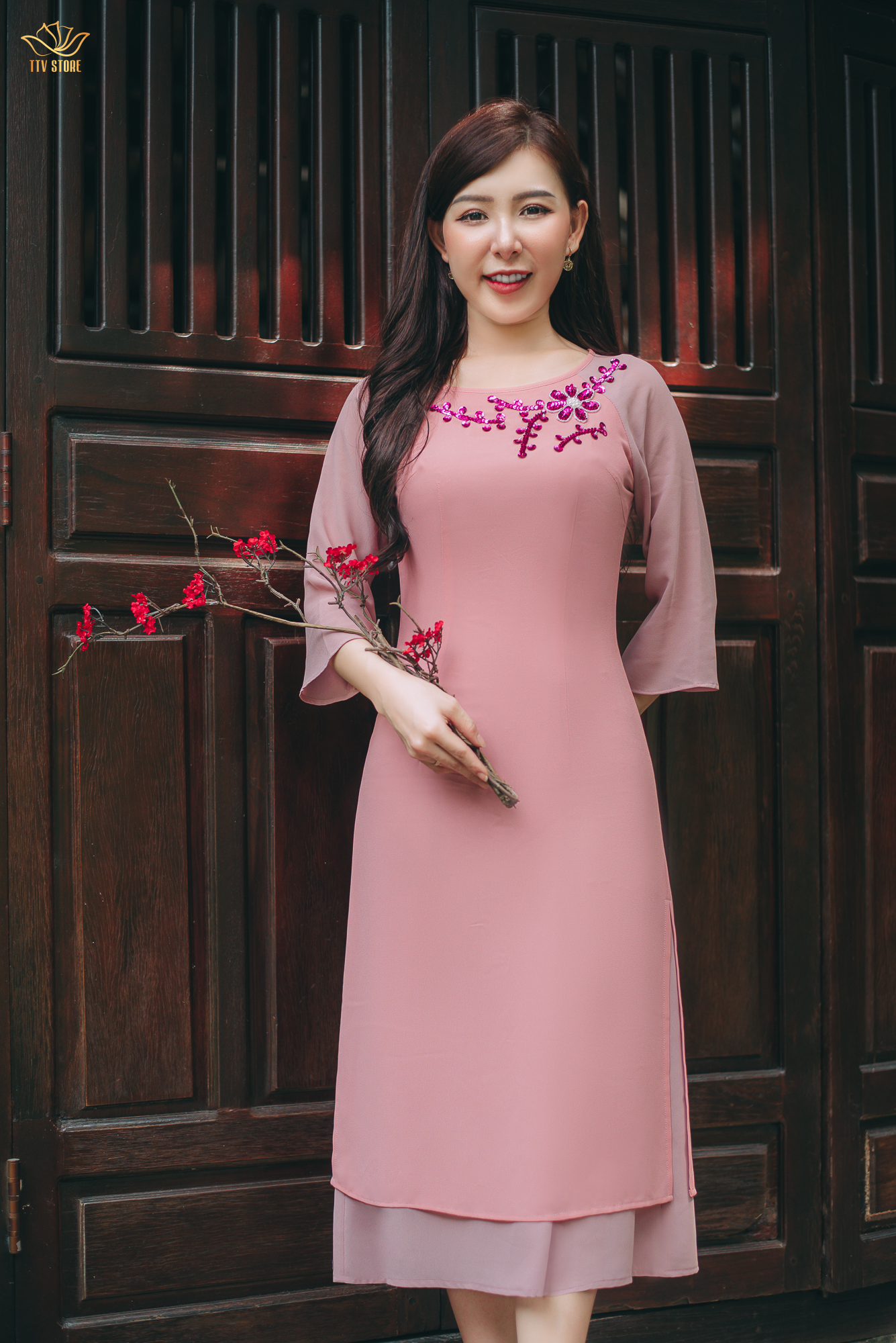 Áo dài cách tân - cổ tròn kết cườm tay lỡ - cd - hồng ruốc - ttv1527