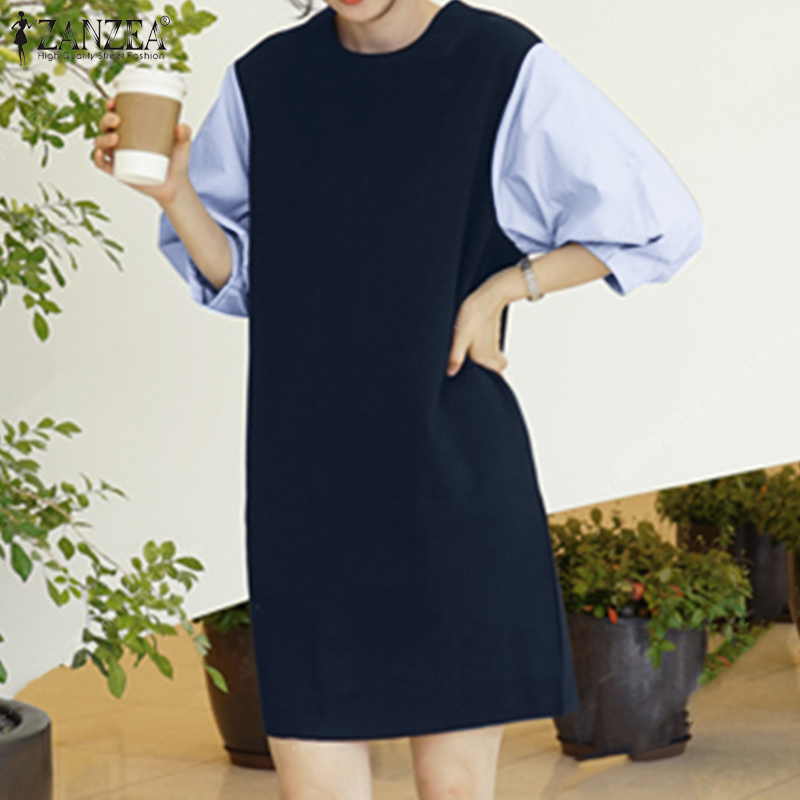 Celmia ZANZEA Korean Style Womens Casual Stripe Patchwork Mini Sundress