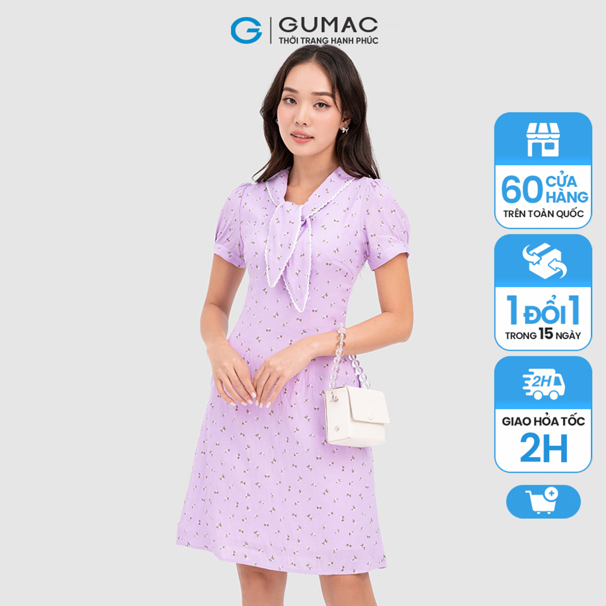 Đầm nơ cổ phối ren thời trang gumac dc10068