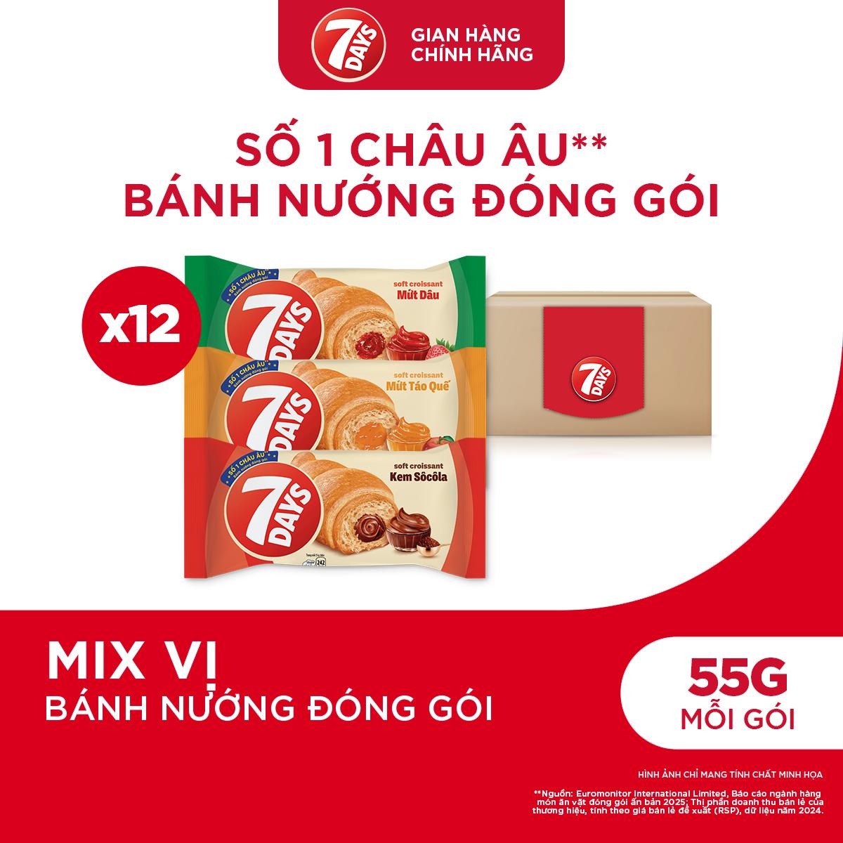 Combo 12 Gói Bánh Sừng Bò 7DAYS Mix Vị Kem Socola/Mứt Táo Quế/ Dâu 55g