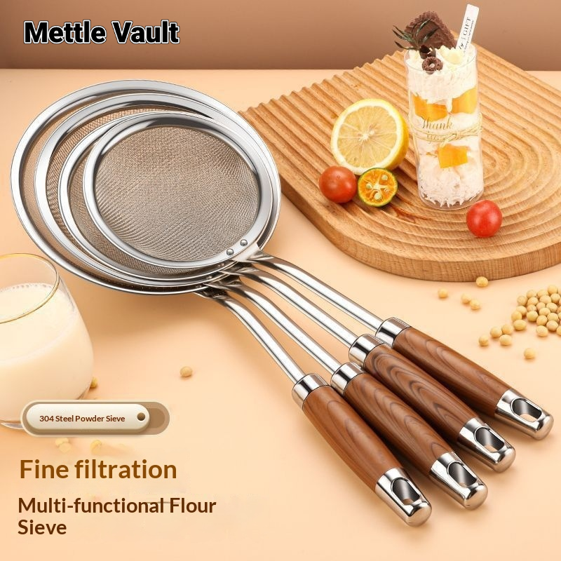 Mettle Vault Stainless Steel Fine Mesh Sieve Set for Flour,豆浆, Oil Frying, and Kitchen Straining - Modern Design with Wooden Handle ราคา 69 บาท*ส่งฟรี