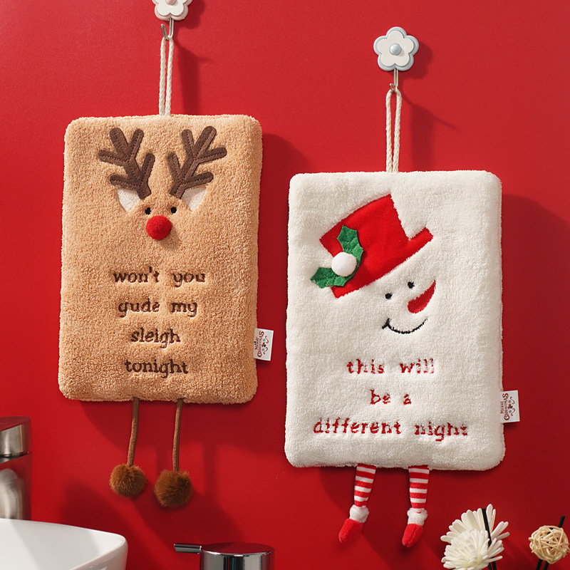 Giáng sinh treo khăn tay dày san hô lông cừu nhanh khô thấm giẻ lau nhà bếp phim hoạt hình Santa Claus Snowman khăn tay