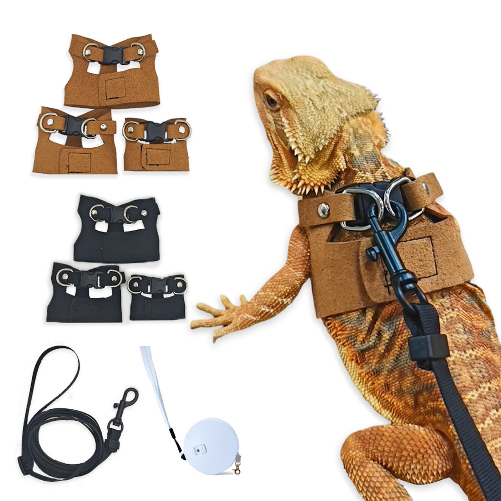 Comprehensive Pet Protection Harness Adjustable Retractable Lizard Leash Premium Faux Leather Bearded Dragon Harness and Leash Set for Reptile Lizard Walking Small Animal Traction Rope for Amphibians