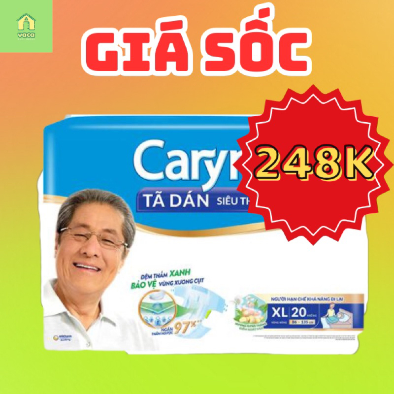 Tã bỉm dán Caryn XL20 người già, tấm lót người lớn Caryn siêu thấm , khô thoáng, 3 lớp thoáng khí chống hăm size đại XL20 miếng mẫu mới 2023