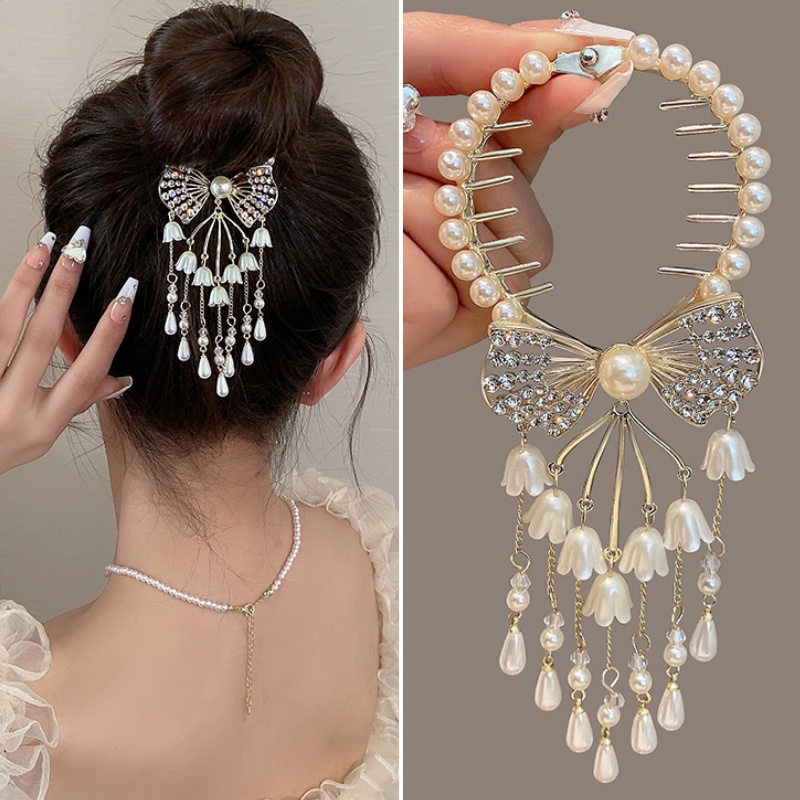 Gold Metal Flash Diamond Bow Pearl Lily of The Valley Tassel Ball Hair Clips Back of The Head Disc Hair Fixed Buckle for Women Hair Pin Hair Accessories
