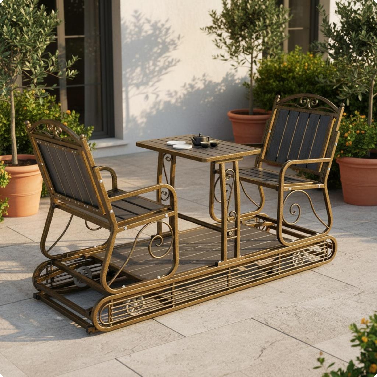 Weather-Resistant Rattan Patio Rocker Easy to Clean Outdoor Rocking Loveseat Metal Frame Double Rocking Bench Table Included for Balcony, Villa