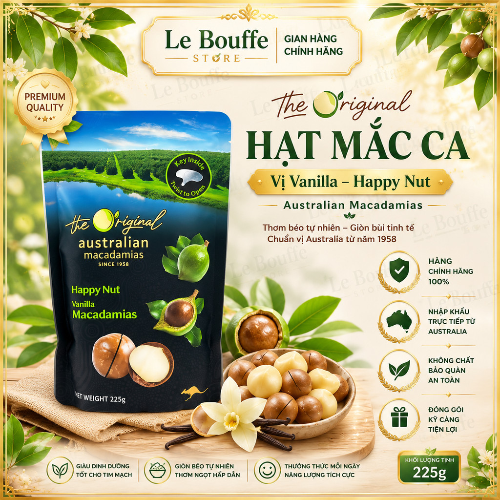 Hạt Macca Úc Vị Vanilla Happy Nut (Túi 225g) - Giòn Tan, Béo Ngậy, Kèm Chìa Khóa Tách Vỏ Chính Hãng