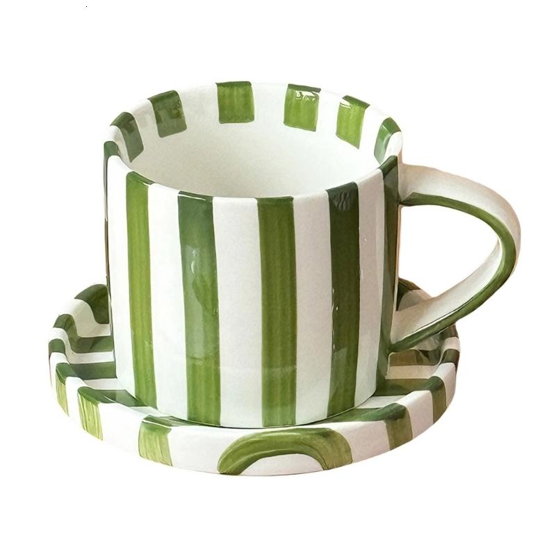 5Inch Striped Ceramic Coffee Mugs and Saucer Set Elegant Designs for Home Office Use - 4