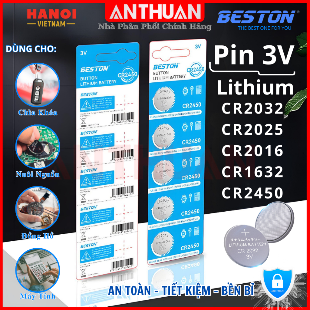 Pin 3V CR2032 CR2025 CR2016 CR1632 CR2450 Beston thay khóa xe máy ôtô ,điều khiển từ xa...