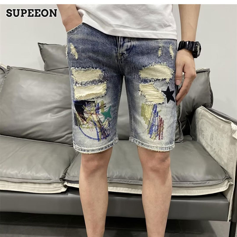 SUPEEON Men s denim shorts embroidered denim print loose straight shorts