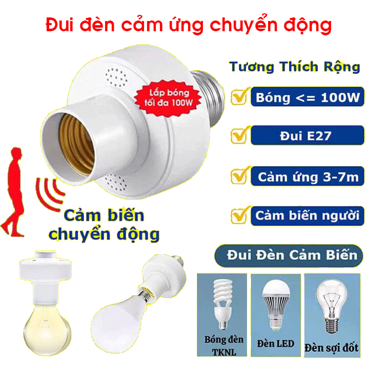 Đui đèn cảm ứng chuyển động tự động bật tắt radar vi sóng, đuôi đèn cảm biến chuyển động tự sáng khi có người, đui E27