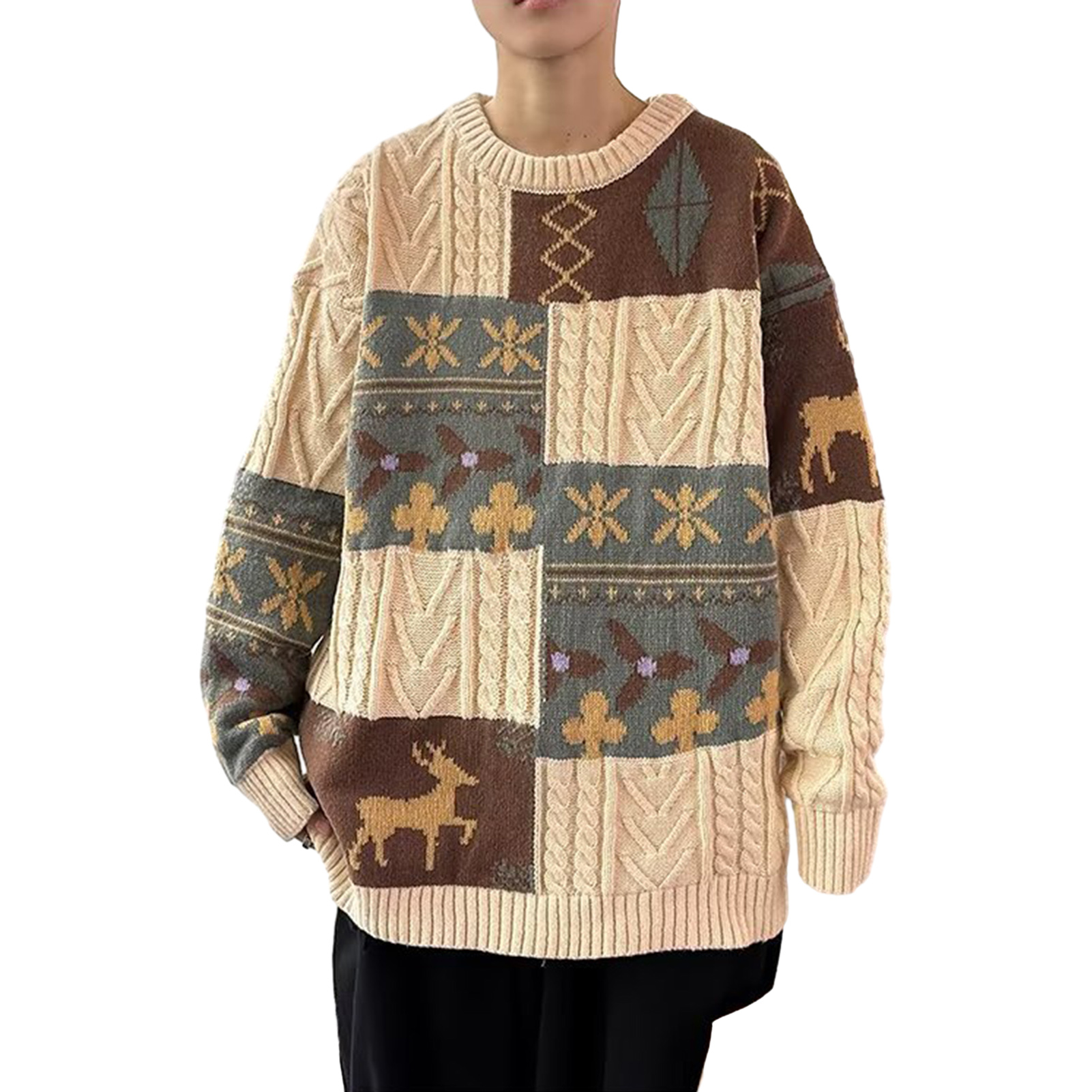 Pull de Style noël pour hommes, coupe ample, Colorblock, flocon de neige, élan, chaud et confortable, tricoté, 543_voghion.com