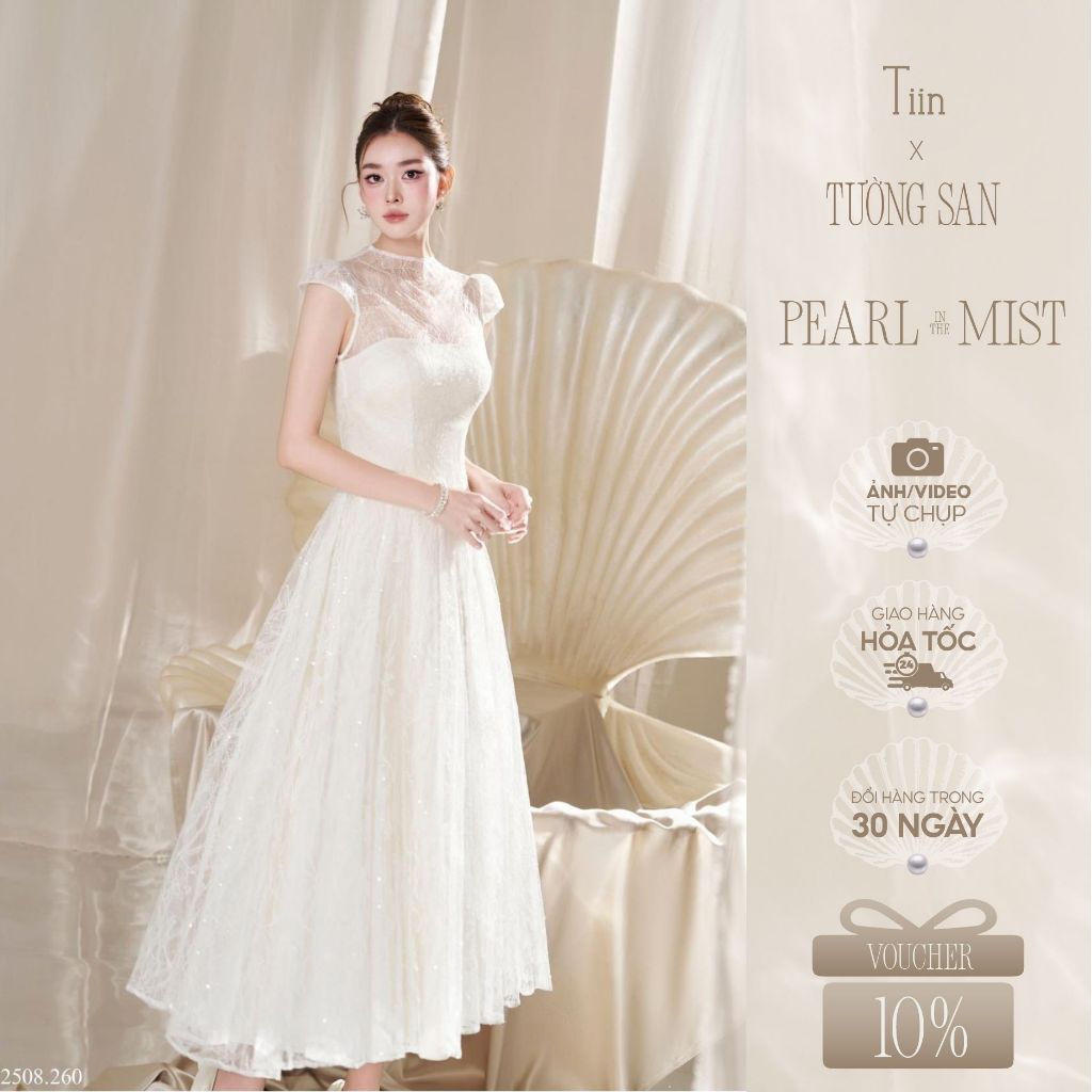 TIINSTORE x TƯỜNG SAN Váy đầm ren kim sa dự tiệc thiết kế cổ neo dáng xoè sang chảnh nữ tính VHN.2508.260