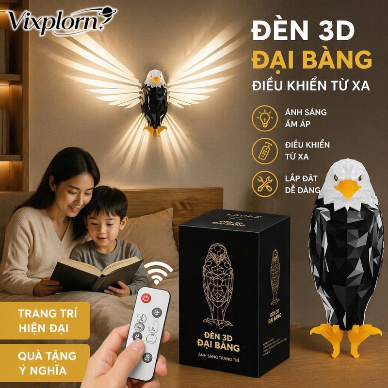 Vixplorn đèn tường 3d hình đại bàng điều khiển từ xa đèn led ánh sáng đổi màu trang trí nhà phòng ngủ phòng khách quà tặng