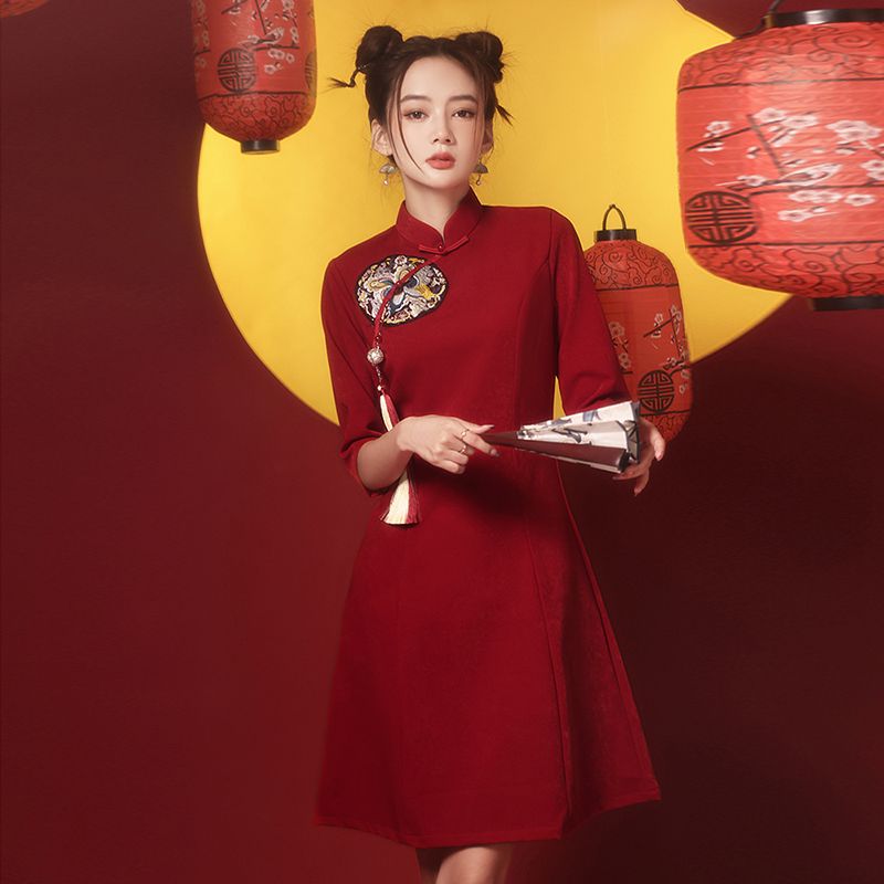 M-4XL 2022 New Year Red Summer Trend Street Fashion Modern Cheongsam A-line  Dress Women Qipao Traditional Chinese Clothes