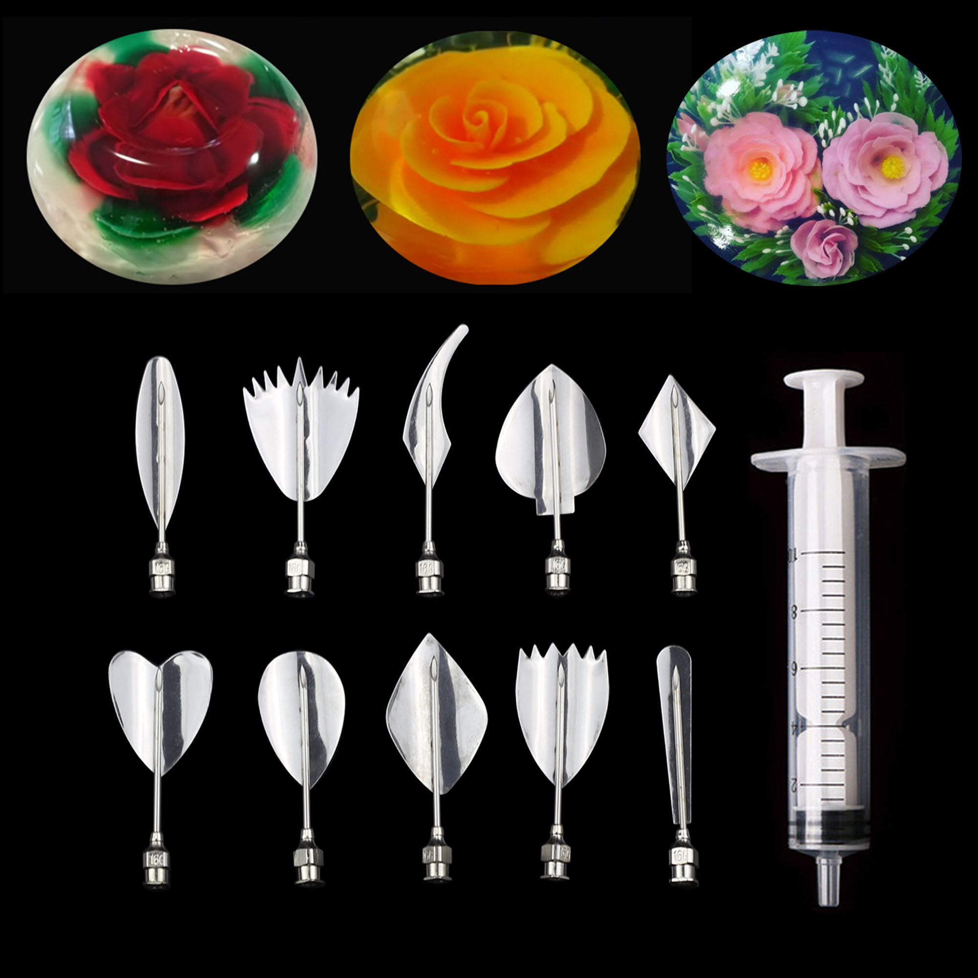 yingke 10pc 3d Rose Shape Art Gelatin Jello Jelly Pudding Needle Nozzle Tools Cake Decorating Mold Nozzle Set