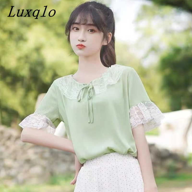 Luxqlo màu xanh lá cây áo phụ nữ thời trang phong cách Hàn Quốc Áo Thun ngoại cỡ dáng suông cộc tay mùa hè Tops
