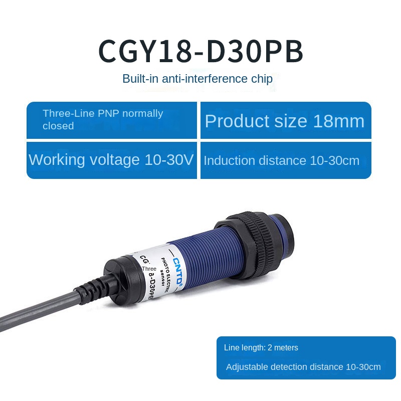 Cảm Biến Quang Điện CGY18E D30PB M18 CNTD - tùy chọn PNP/NPN Thường Mở/Thường Đóng, 3 Dây, M18, 10-30cm