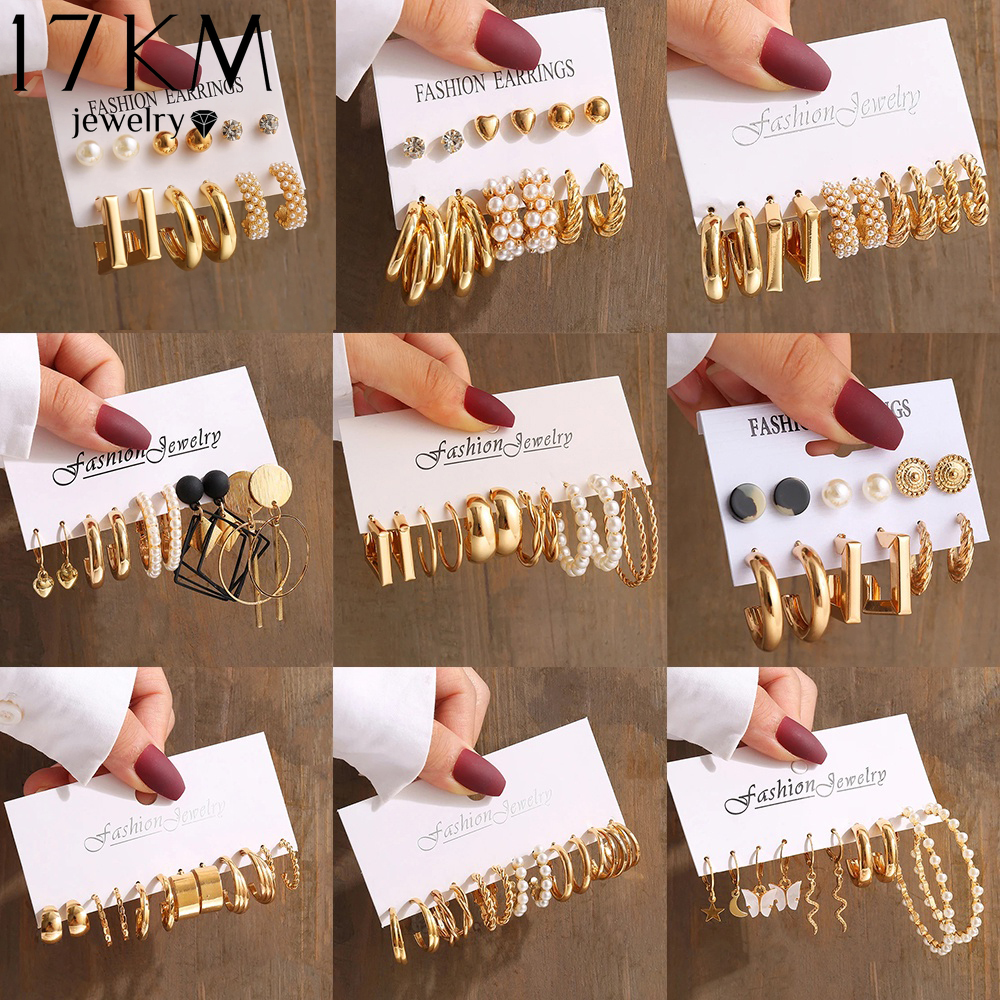 17KM Fashion Pearl Hoop Earring Set Heart Multilayer Round Circle Gold Earrings for Women Jewelry Accessories