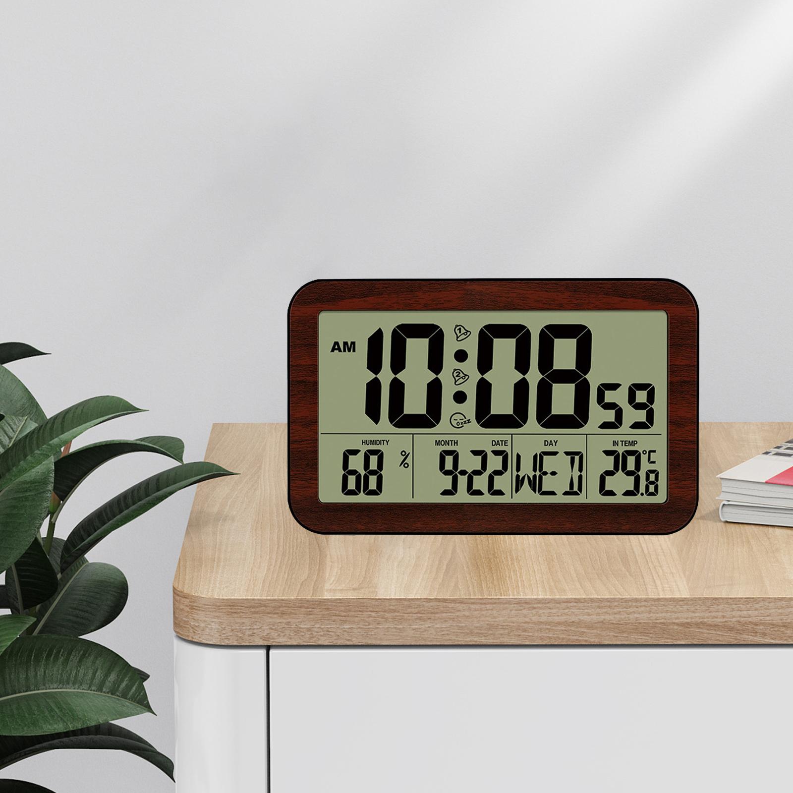 Perfk Digital Alarm Clock Calendar & Temperature LCD Clock with Snooze Mode Large Number Display Battery Operated Desk Wall Clock for All Ages