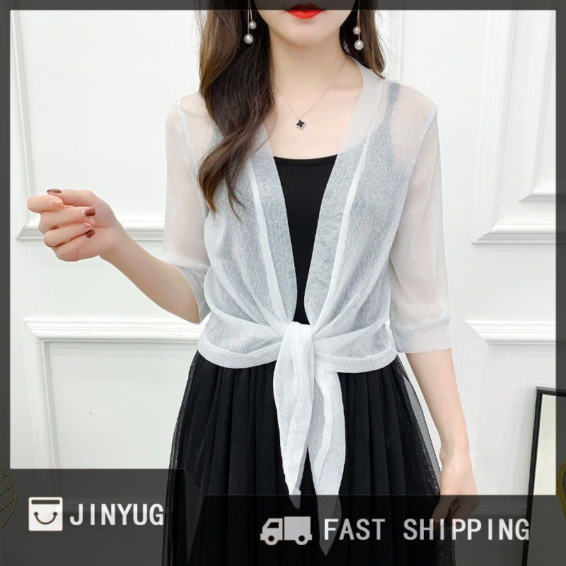 JINYUG Hot Sale Phong Cách Áo Khoác Cardigan Nửa Tay Áo Phía Trước Ren-up Áo Phụ Nữ Mỏng Kem Chống N