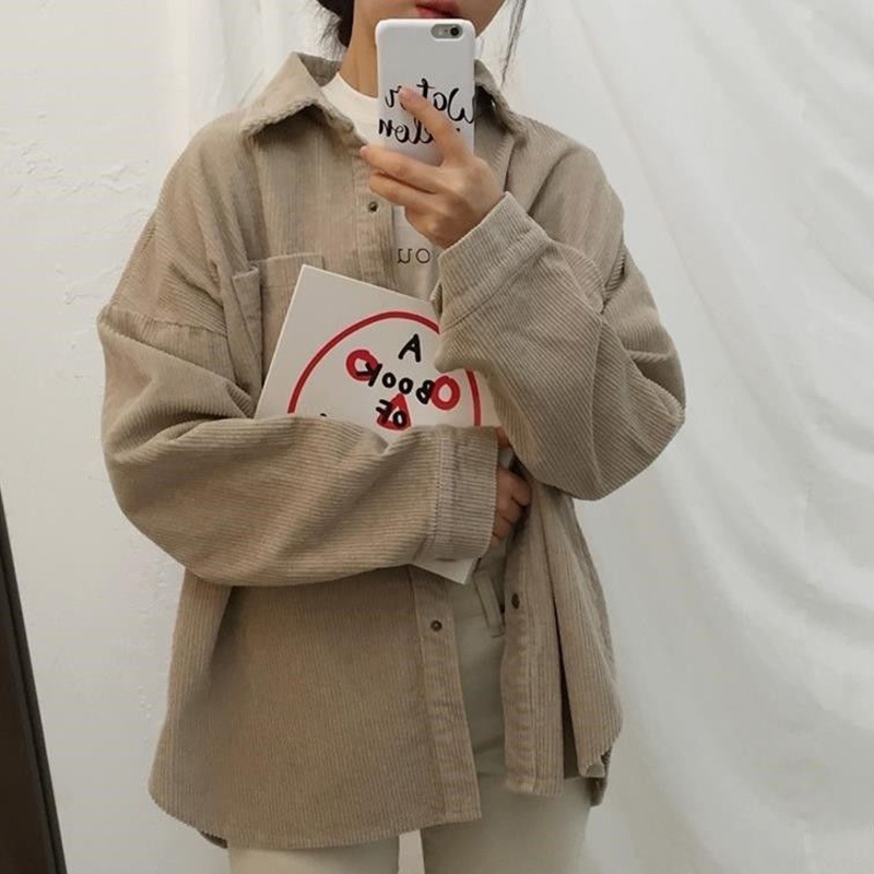 Newlan CS006  Áo sơ mi nhung tăm Hàn Quốc nữ sơ mi dài tay oversize form rộng   dài tay dáng rộng th