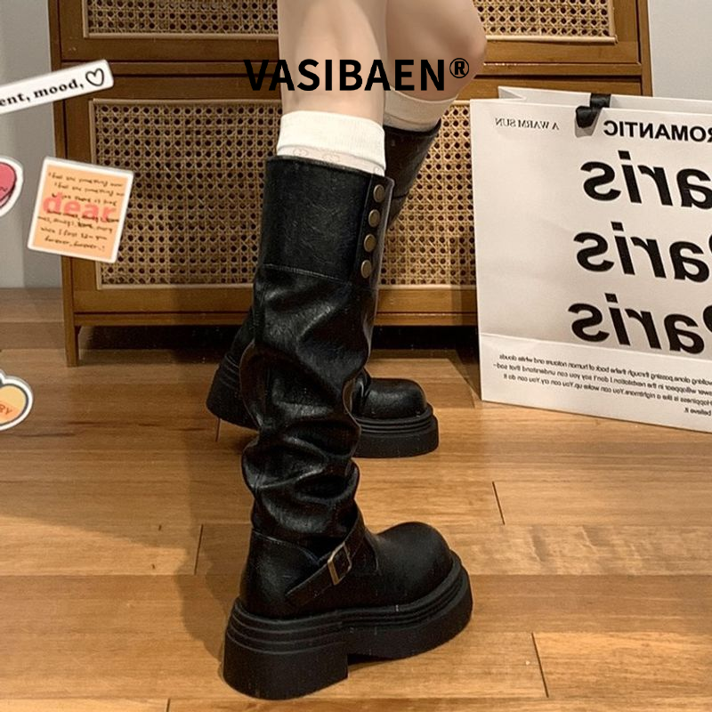 Vasibaen kiểu Anh phong cách hoài cổ Chunky bốt cao ngang gối gót chân cho phụ nữ, thời trang và giảm béo bốt cổ cao với đế dày