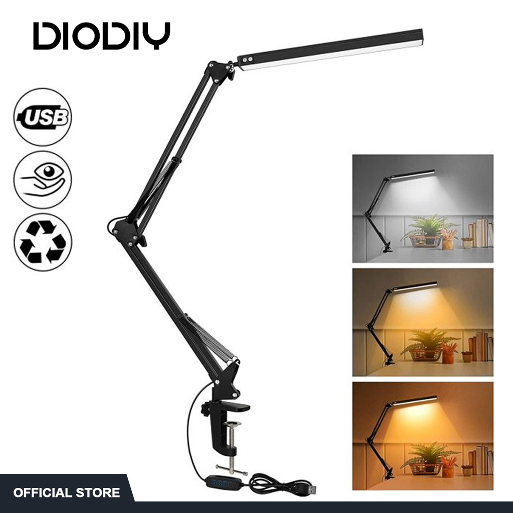 Desktop long-arm LED desk lamp with single and double heads adjustable three lighting modes 360° rotation includes clip eye-protecting reading office lamp