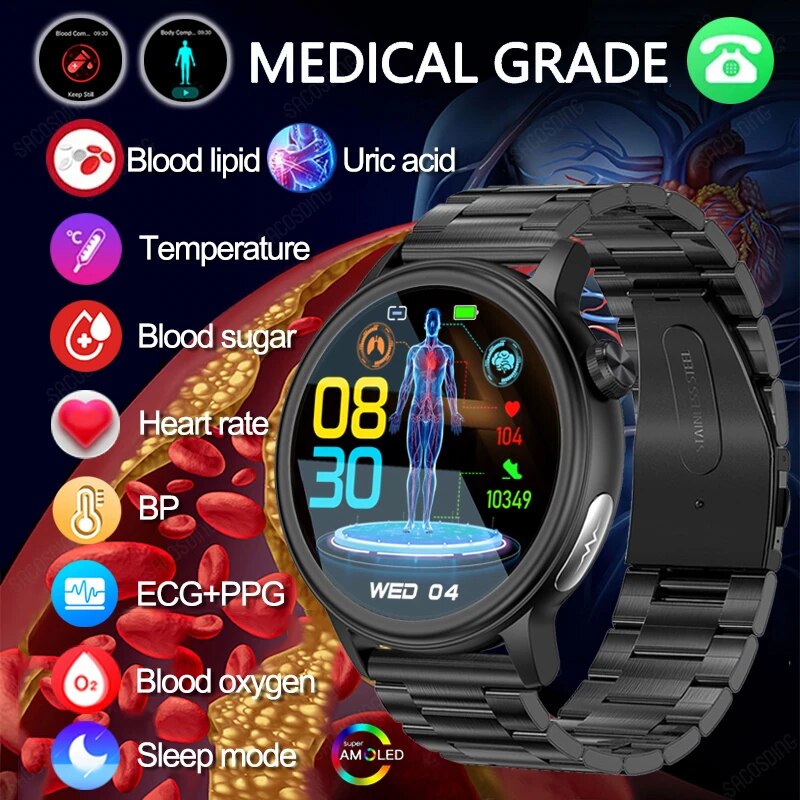 Bluetooth Call Smartwatch - Blood Sugar Smart Watch with ECG+PPG+HR V, Blood Lipid, and Uric Acid Monitoring ราคา 2,651 บาท*ส่งฟรี