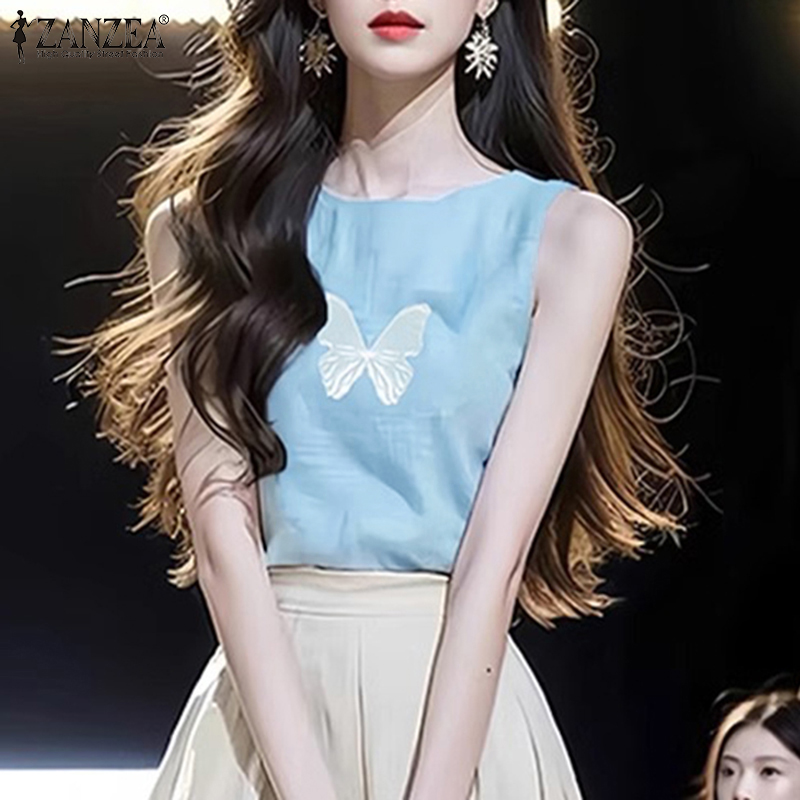 ZANZEA Womens Sweet Butterfies Print Sleeveless Tanks O-Neck Temperament Crop Girly Vests Tops #1028 ราคา 119 บาท*ส่งฟรี