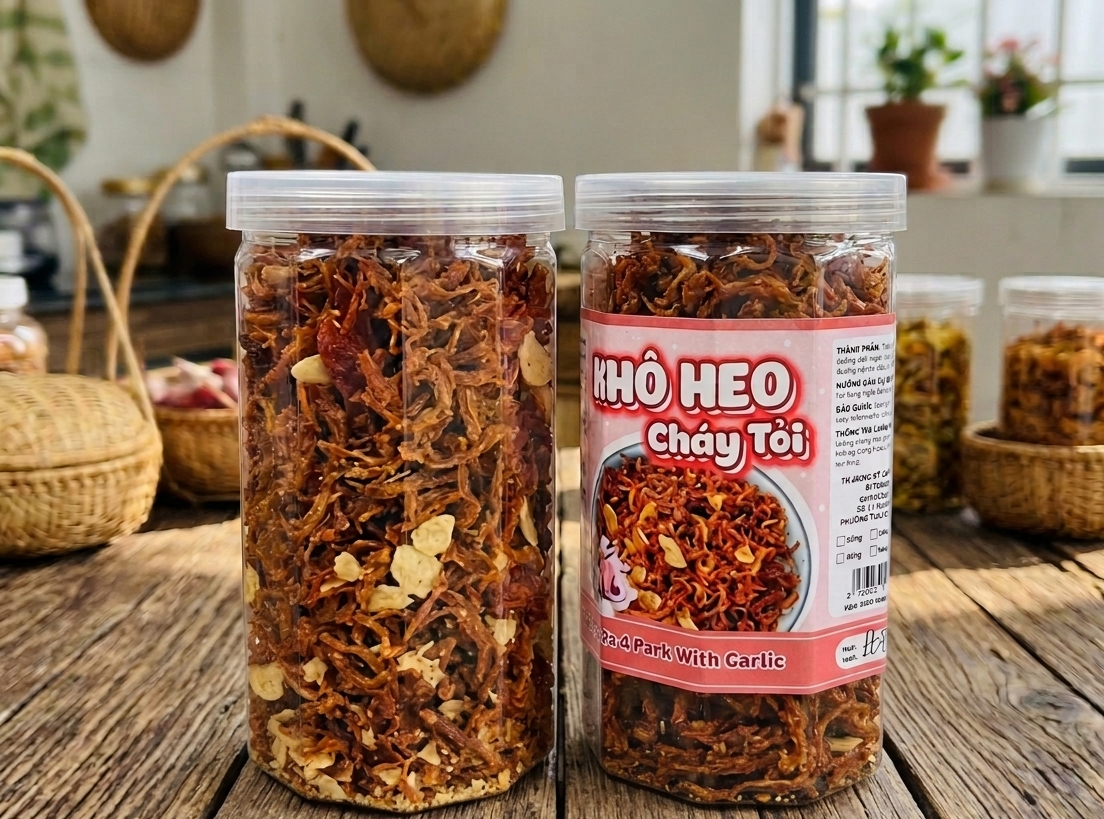 Khô Heo Cháy Tỏi Thực Phẩm Sạch 300g/530g - Thơm Ngon, Giòn Tan, Ăn Liền