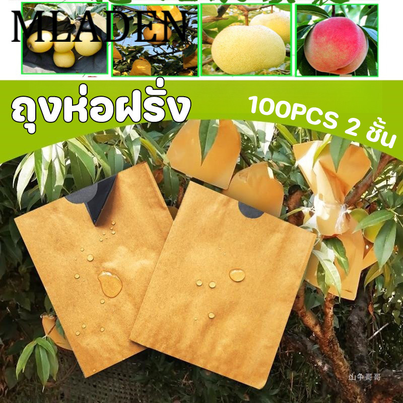 MLADEN ถุงห่อผลไม้ 100PCS 2 ชั้น ถุงห่อฝรั่ง คาร์บอนขนาด กันน้ำ กันแมลงและนก แข็งแรงทนทาน ราคา 90 บาท*ส่งฟรี