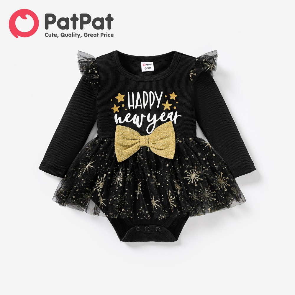 PatPat Baby Girl Sweet New Year Pattern Butterfly Bow Ruffle Mesh Romper