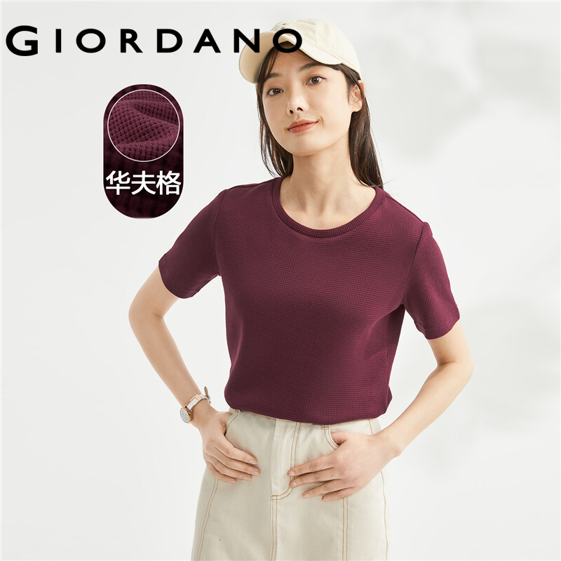 Giordano áo thun nữ chất liệu vải Waffle cổ tròn tay ngắn đơn sắcdệt kim Free Shipping 05323452