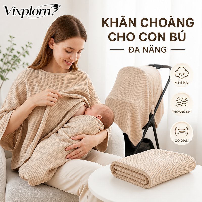 Vixplorn khăn choàng cho bé vải waffle co giãn thấm hút nhẹ thoáng khí che nắng che gió đa năng trùm xe nôi dùng du lịch
