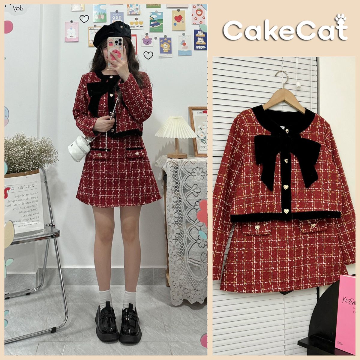 Set Áo Dạ - Áo Dạ Croptop Kèm Nơ Mix Chân Váy Chữ A Set Áo Dạ Tiểu Thư Sang Chảnh Áo Dạ Tweed Màu Đỏ